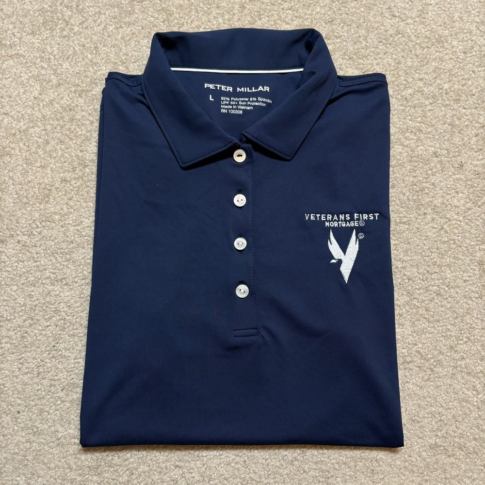 Peter Millar Polo Shirt Golf Womens Large Navy Performance Veterans 1st UPF‎ 50+